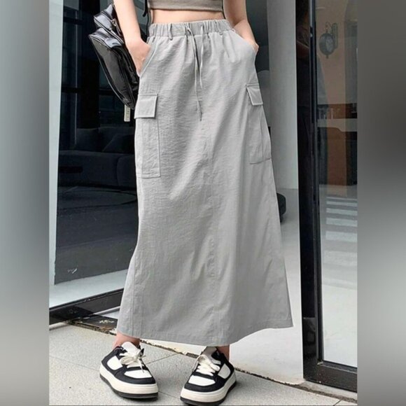Dresses & Skirts - Parachute Cargo Maxi Skirt Light Gray Streetwear Style Adjustable Waist Size L